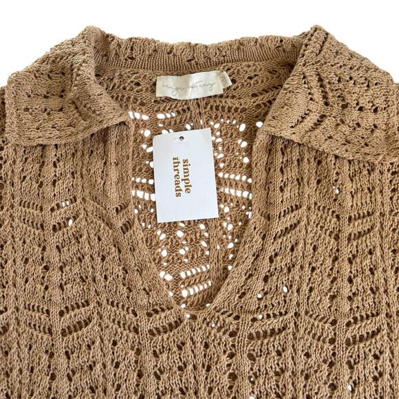 Simple Threads Tan Crochet Knit Polo Mini Dress Womens Small/Medium Vacation NWT - Picture 2 of 6